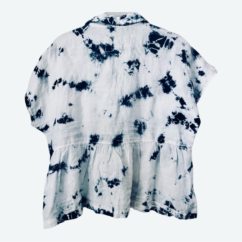Rachel Zoe Blue White Tie-Dye Linen Button Front Collared Peplum Cropped Top - Picture 4 of 16